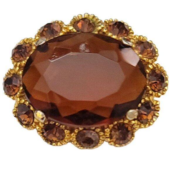 Gold Tone Rhinestone Flower Faceted Topaz Glass Trombone Clasp Cameo Brooch M755 - Picture 8 of 8